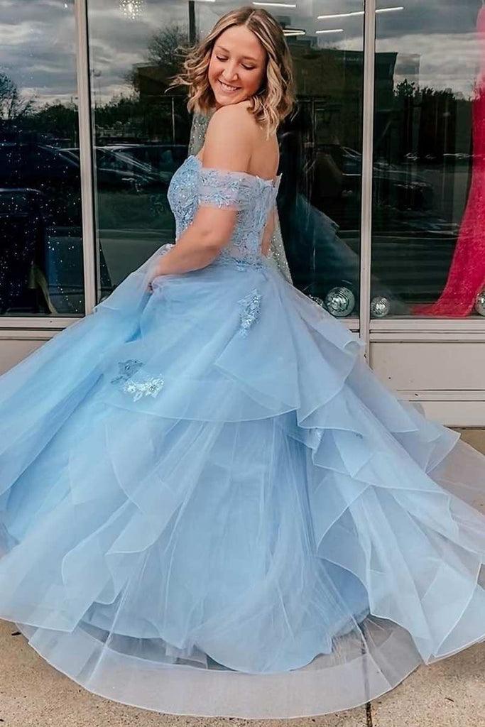 Robe de soirée de bal en tulle bleu clair, épaules dénudées et à volants, coupe trapèze