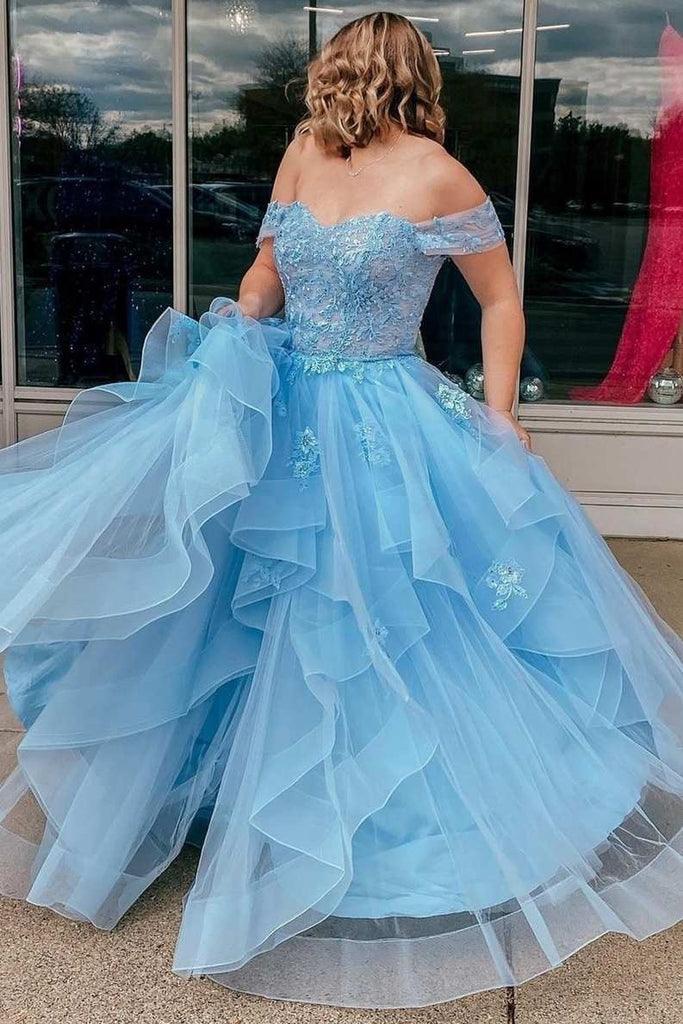 Robe de soirée de bal en tulle bleu clair, épaules dénudées et à volants, coupe trapèze