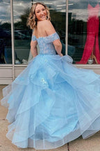 Robe de soirée de bal en tulle bleu clair, épaules dénudées et à volants, coupe trapèze