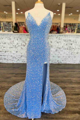 Robe de bal bleu clair à paillettes avec fente SYP151