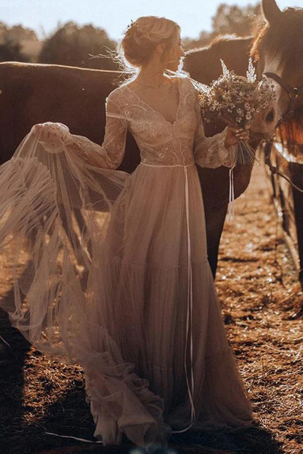 Robe de mariée bohème marron clair à manches longues, style rustique WD741