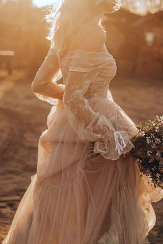 Robe de mariée bohème marron clair à manches longues, style rustique WD741