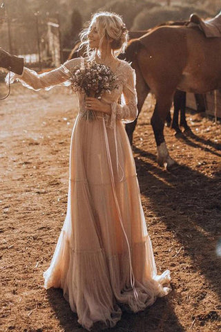 Robe de mariée bohème marron clair à manches longues, style rustique WD741