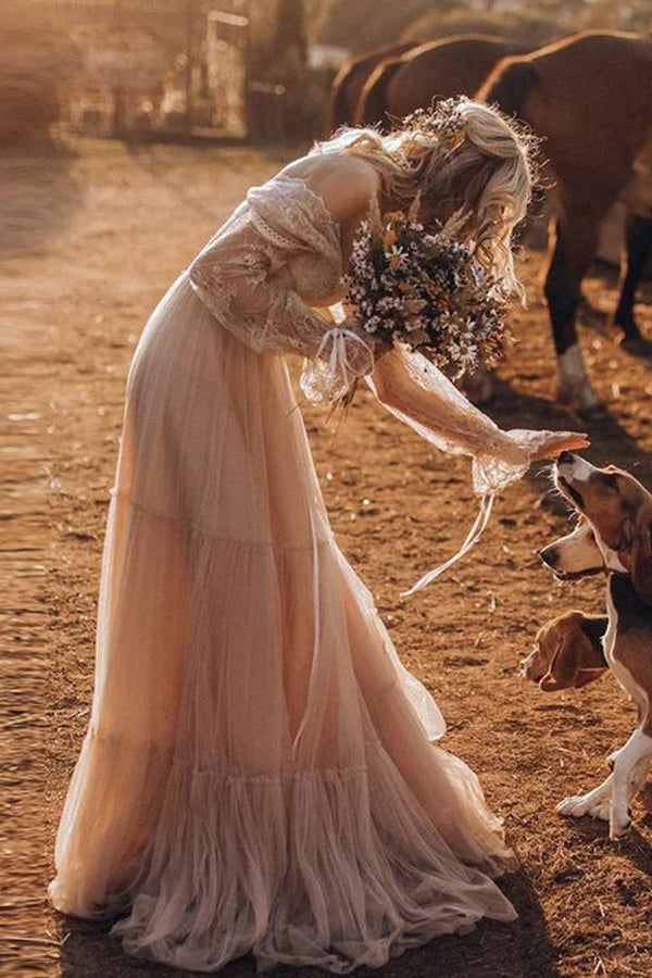Robe de mariée bohème marron clair à manches longues, style rustique WD741