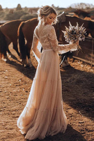 Robe de mariée bohème marron clair à manches longues, style rustique WD741