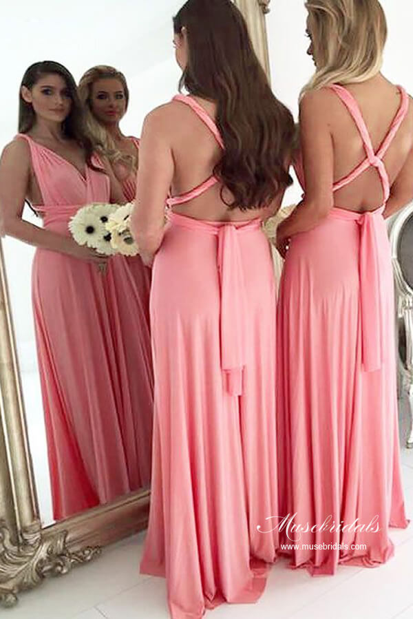 Robes de demoiselle d'honneur longues grandes tailles en mousseline corail clair, coupe trapèze, dos nu, coupe trapèze.