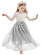 Vestido de niña de las flores de tul, manga larga, corte línea A, encaje blanco angelical 