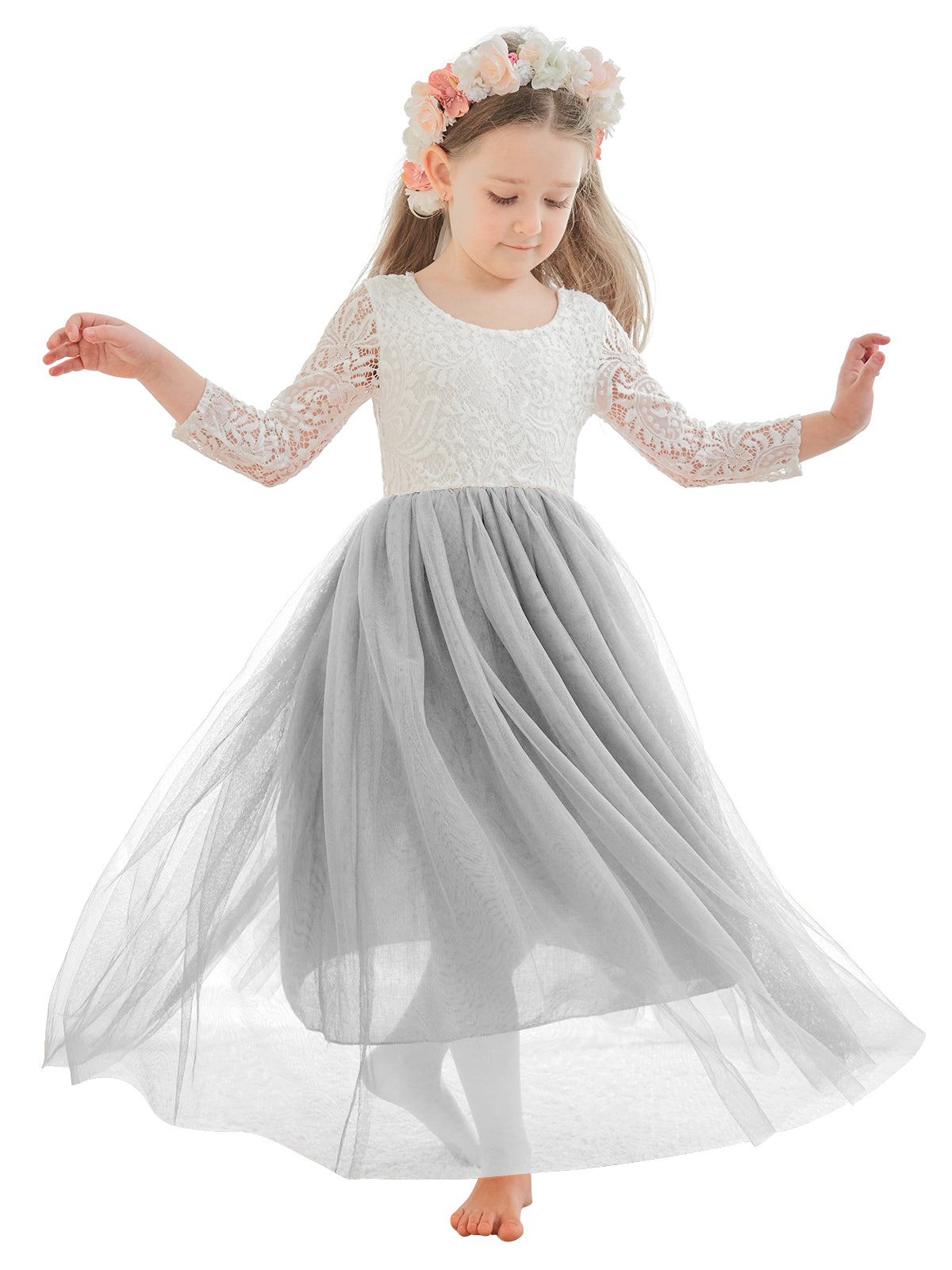 Vestido de niña de las flores de tul, manga larga, corte línea A, encaje blanco angelical 