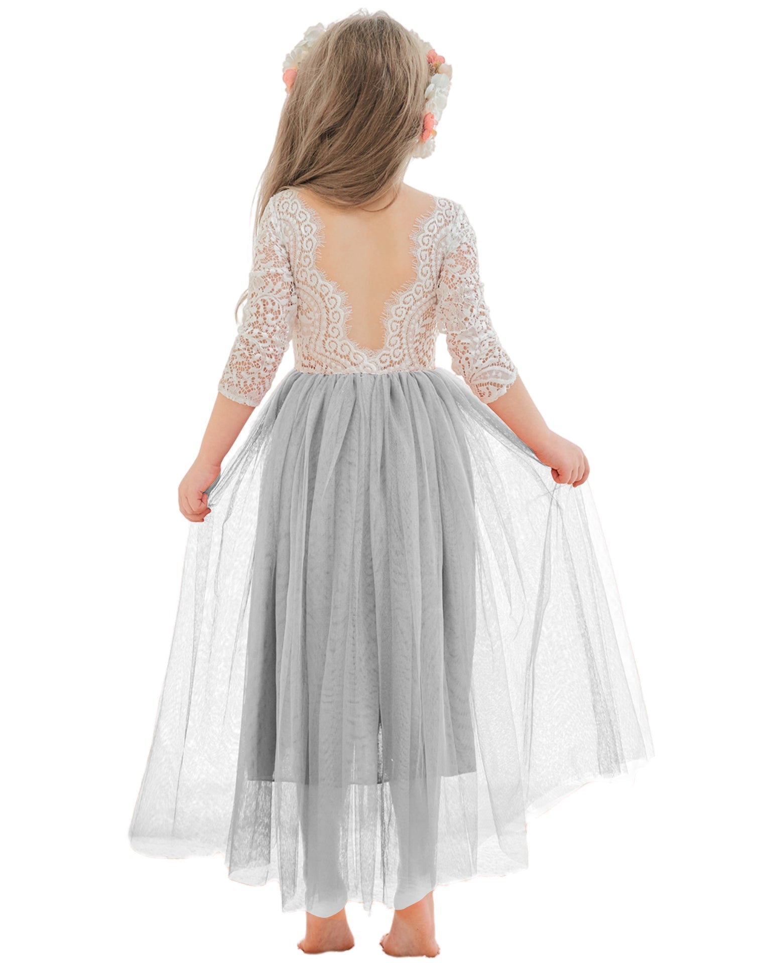 Vestido de niña de las flores de tul, manga larga, corte línea A, encaje blanco angelical 