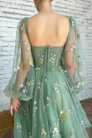 Light Green Embroidered Tulle dress Evening Dress Puffy Long Sleeve PSK304