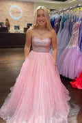 Vestido largo de fiesta rosa claro, corte en A, sin tirantes, de tul brillante, hasta el suelo, PSK411