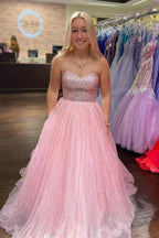 Vestido largo de fiesta rosa claro, corte en A, sin tirantes, de tul brillante, hasta el suelo, PSK411