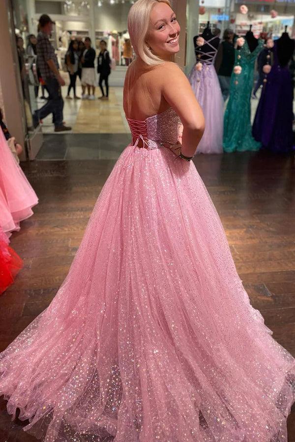 Vestido largo de fiesta rosa claro, corte en A, sin tirantes, de tul brillante, hasta el suelo, PSK411