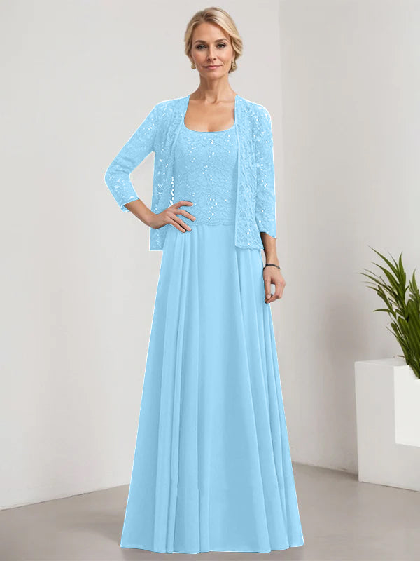 Vestido de corte A, cuadrado, largo hasta el suelo, de encaje y gasa con lentejuelas para la madre de la novia 