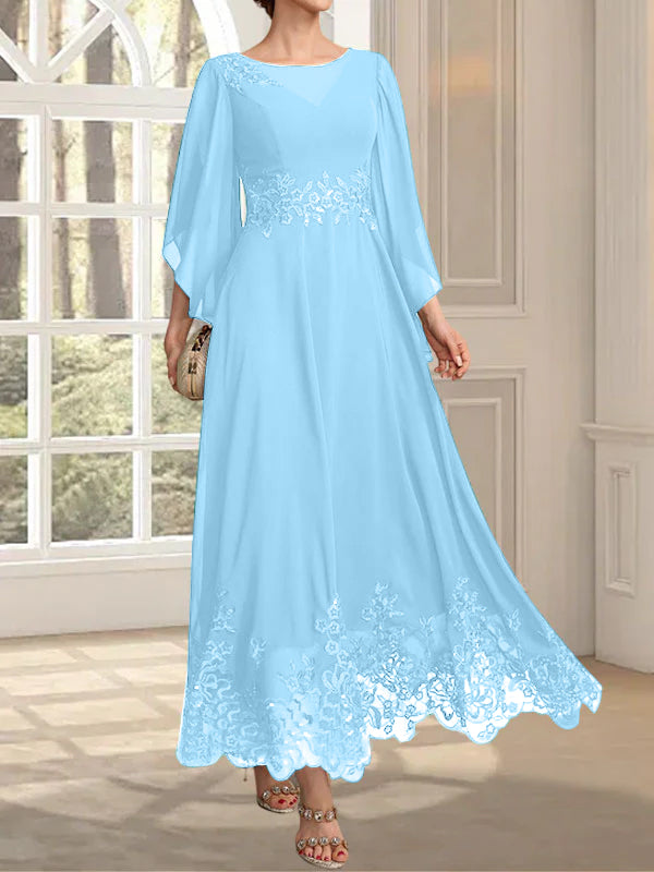 Robe de mère de la mariée en mousseline de dentelle, coupe trapèze, décolleté illusion, longueur cheville, ornée de sequins 