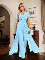 Combinaison-pantalon robe de soirée longue en mousseline à col en V