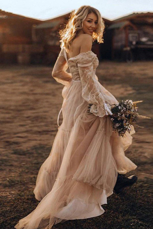 Robe de mariée bohème marron clair à manches longues, style rustique WD741