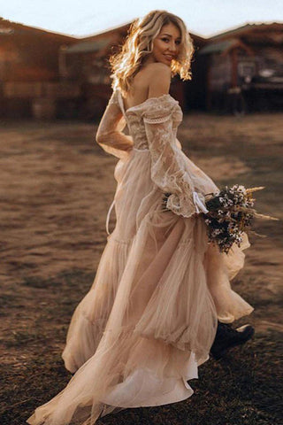 Robe de mariée bohème marron clair à manches longues, style rustique WD741