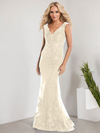 Vestido de sirena para la madre de la novia, corte sirena, escote en V, largo hasta el suelo, de gasa de encaje con apliques de lentejuelas. 