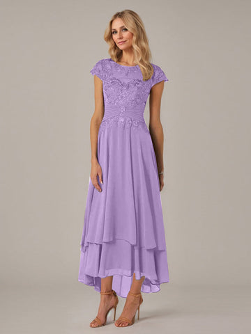 A-line Boat Neck Illusion Asymmetrical Chiffon Lace Mother of the Bride Dress With Applique Pleats