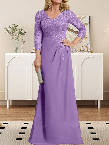 Sheath/Column V-Neck Illusion Floor-Length Lace Chiffon Mother of the Bride Dress With Pleated Sequins