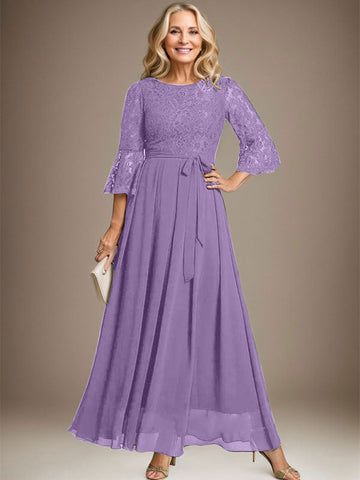 A-line Scoop Ankle-Length Lace Chiffon Mother of the Bride Dress With Bow