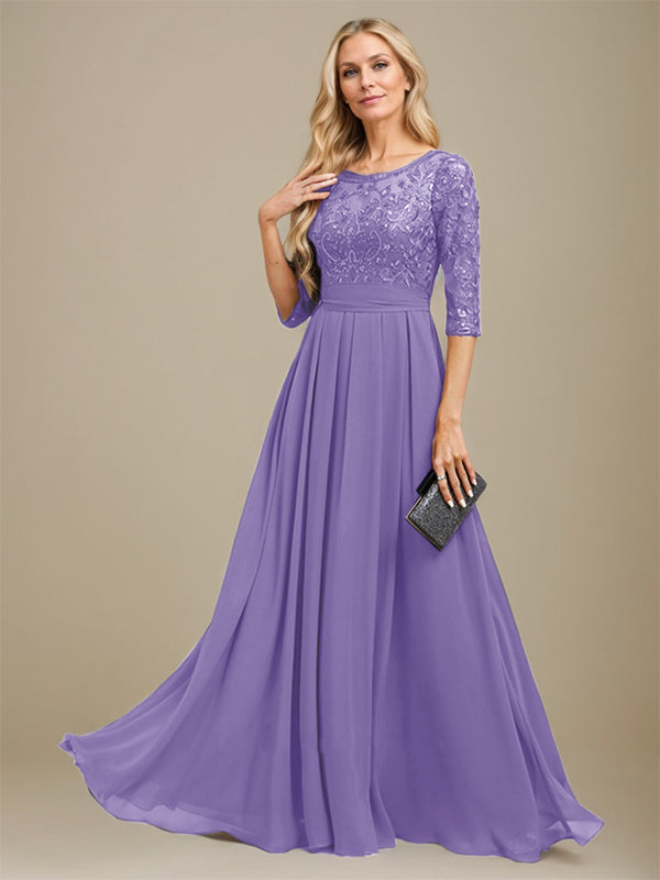 Vestido de corte A, escote redondo, largo hasta el suelo, de gasa de encaje con apliques de lentejuelas para la madre de la novia. 