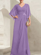 Vestido de corte recto/columna, escote en V, largo hasta el suelo, de gasa, para la madre de la novia, con lentejuelas plisadas y pedrería.