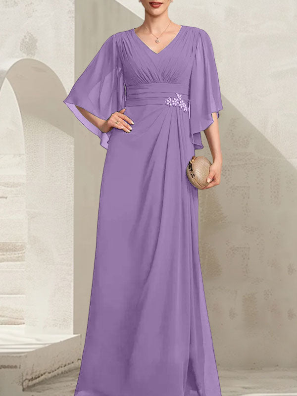 Vestido de corte recto/columna, escote en V, largo hasta el suelo, de gasa, para la madre de la novia, con lentejuelas plisadas y pedrería.