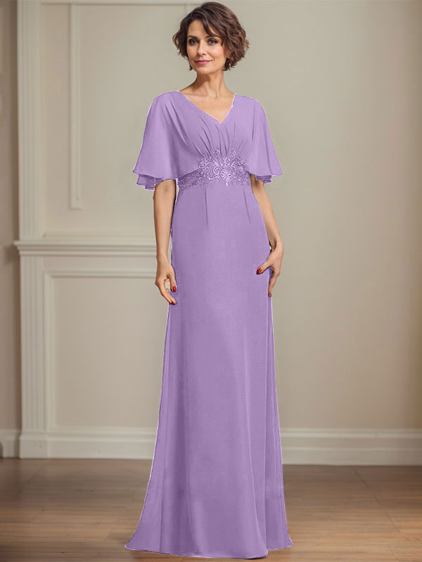 Vestido de corte A, escote en V, largo hasta el suelo, de gasa, para la madre de la novia, con apliques de lentejuelas plisadas y encaje.