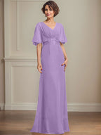 Vestido de corte A, escote en V, largo hasta el suelo, de gasa, para la madre de la novia, con apliques de lentejuelas plisadas y encaje.