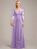 Vestido de novia de corte línea A, escote en V, largo hasta el suelo, de gasa de encaje con volantes en cascada y lentejuelas. 