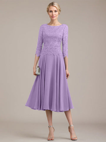 A-line Scoop Tea-Length Lace Chiffon Mother of the Bride Dress