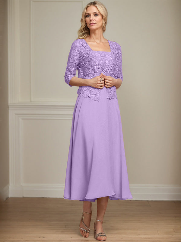 Vestido de corte A, largo midi, de gasa, encaje y lentejuelas para la madre de la novia. 