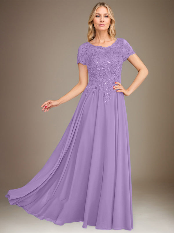 Vestido de corte A, escote redondo, largo hasta el suelo, de gasa, para la madre de la novia, con apliques y lentejuelas. 