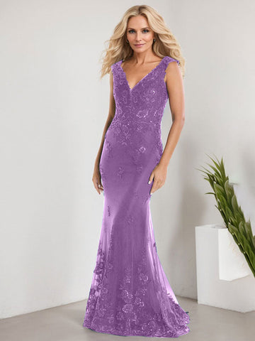 A-line V-Neck Floor-Length Lace Chiffon Mother of the Bride Dress With Applique Sequins Mermaid Dresses
