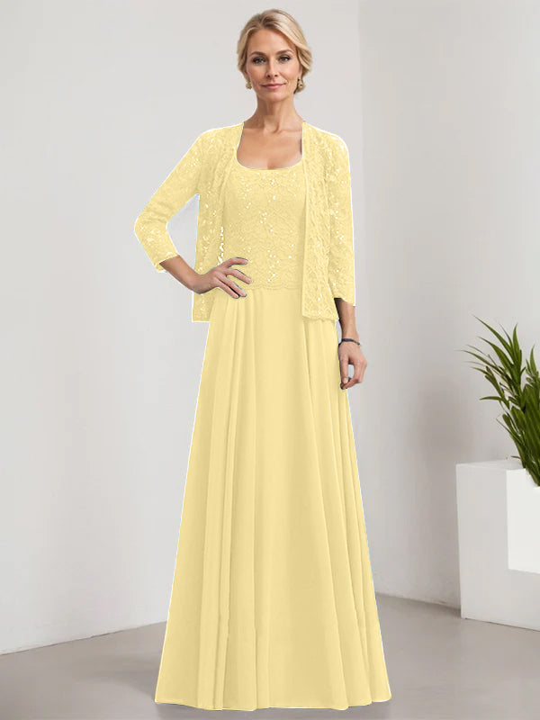 Vestido de corte A, cuadrado, largo hasta el suelo, de encaje y gasa con lentejuelas para la madre de la novia 