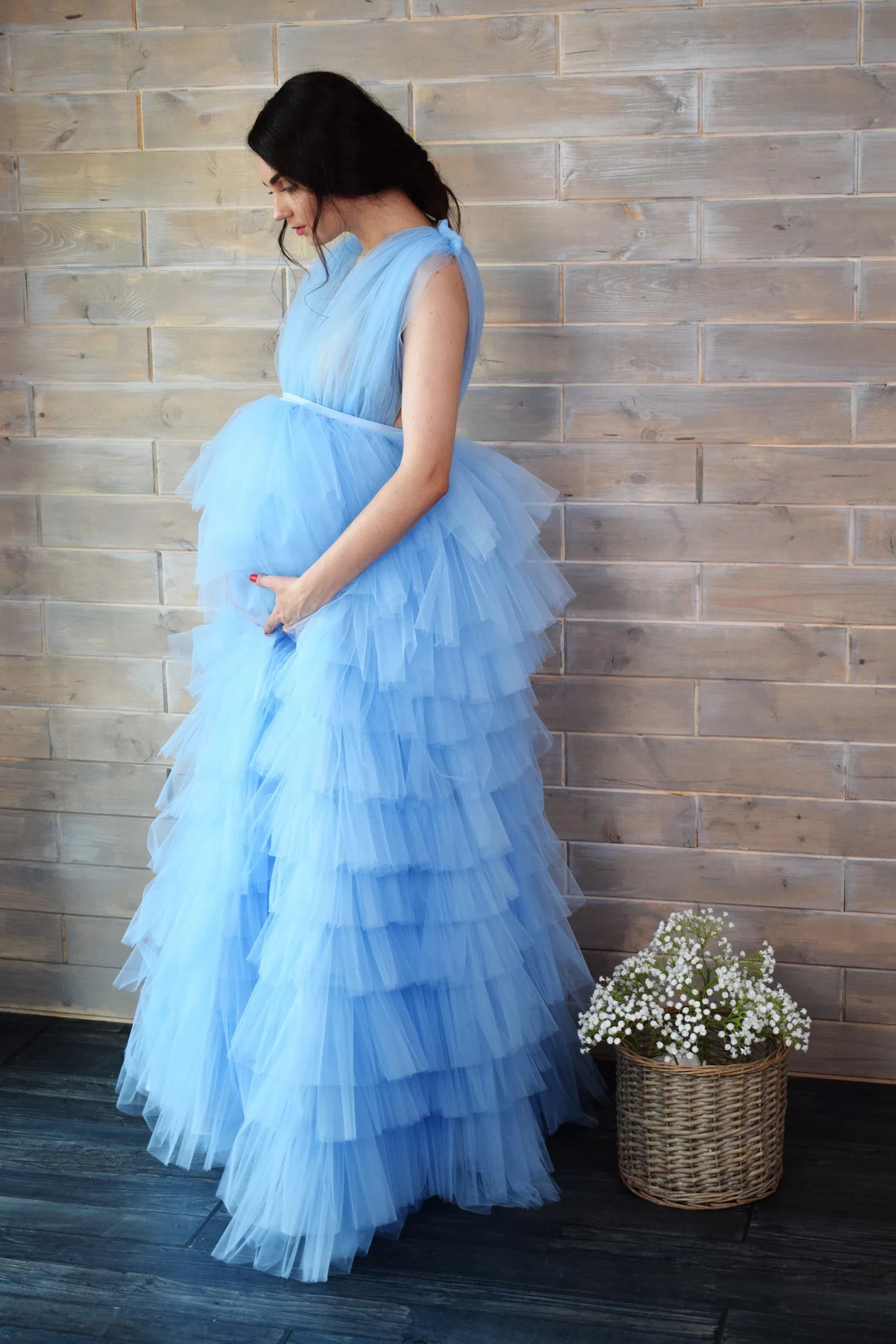 Vestido de maternidad azul claro para baby shower