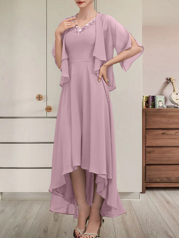 Vestido de corte A, escote en V, asimétrico, de gasa, para la madre de la novia, con lentejuelas y pedrería.
