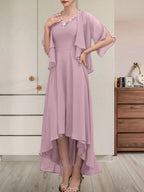 Vestido de corte A, escote en V, asimétrico, de gasa, para la madre de la novia, con lentejuelas y pedrería.