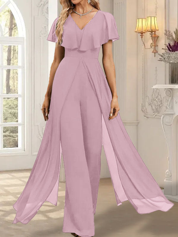 Combinaison-pantalon robe de soirée longue en mousseline à col en V