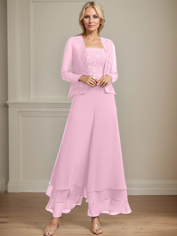 Conjunto de pantalón y chaqueta de dos piezas, corte cuadrado, largo hasta el tobillo, encaje, gasa, vestido de madre de la novia con lentejuelas 