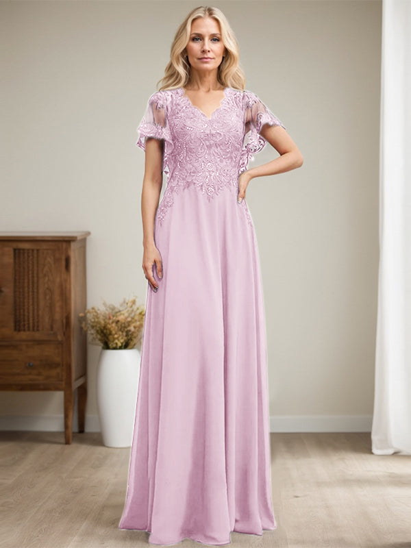 Vestido de novia de corte A, escote en V, largo hasta el suelo, de gasa de encaje con lentejuelas para la madre de la novia 