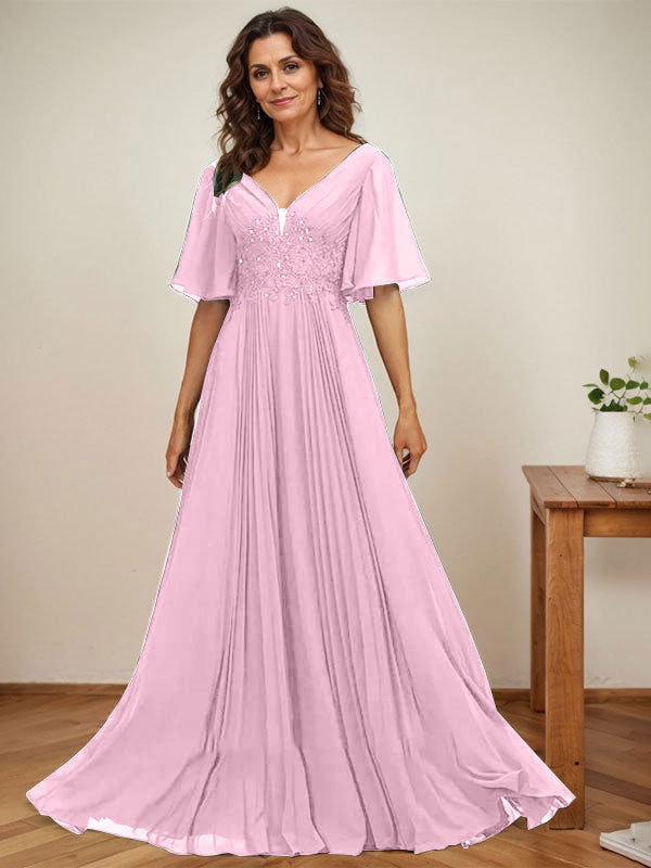 Vestido de corte A, escote en V, largo hasta el suelo, de gasa, para la madre de la novia, con apliques de lentejuelas y encaje plisado. 