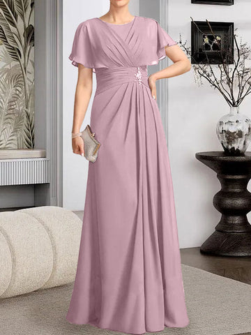A-line Scoop Floor-Length Chiffon Mother of the Bride Dress With Pleated Beading