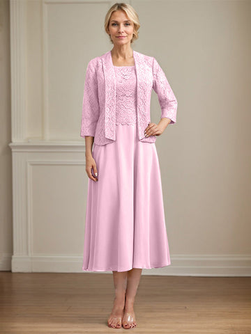 A-line Scoop Tea-Length Lace Chiffon Mother of the Bride Dress