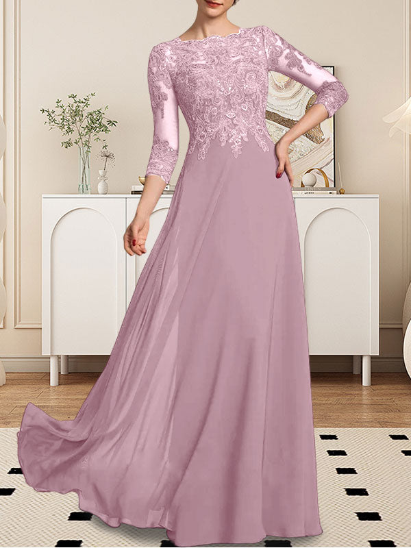 Vestido de novia de corte línea A, escote redondo, largo hasta el suelo, de encaje y gasa con lentejuelas.