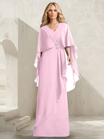 A-line V-Neck Floor-Length Chiffon Mother of the Bride Dress With Cascading Ruffles Beading