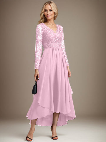 A-line V-Neck Asymmetrical Lace Chiffon Mother of the Bride Dress