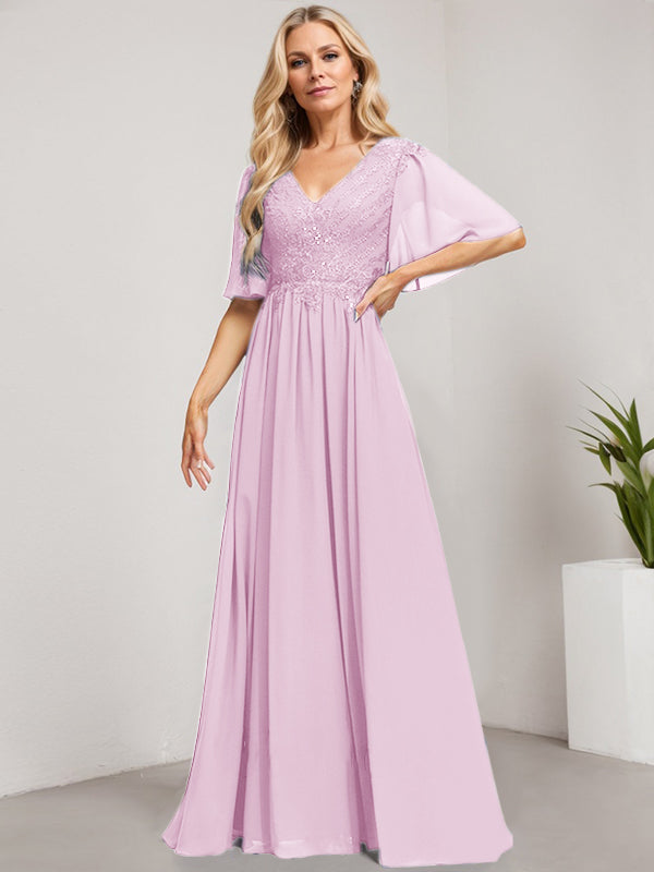 Vestido de novia de corte A, escote en V, largo hasta el suelo, de gasa de encaje con lentejuelas para la madre de la novia 